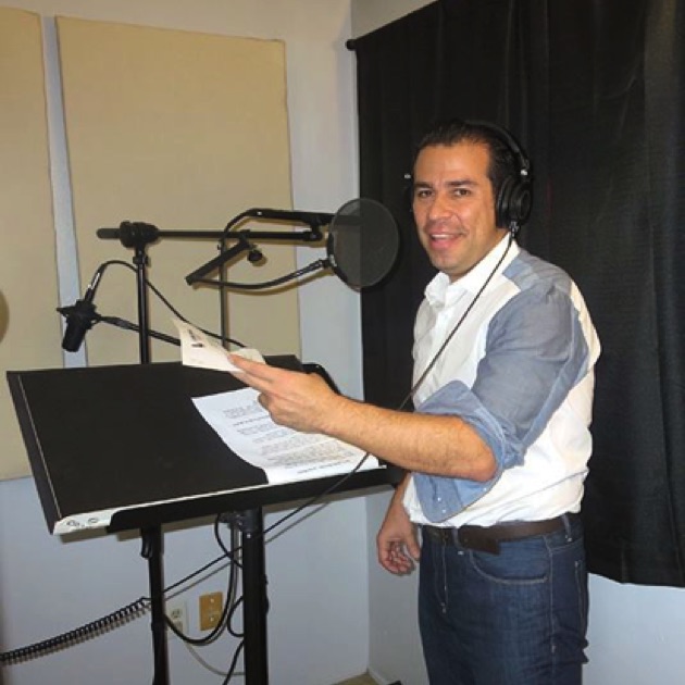 Felipe Castaneda recording voice-overs at Lan Media Productions.